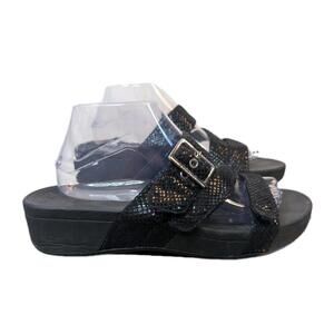 Vionic Wedge Sandals, Black Metallic Snake Skin Strappy, Size 10